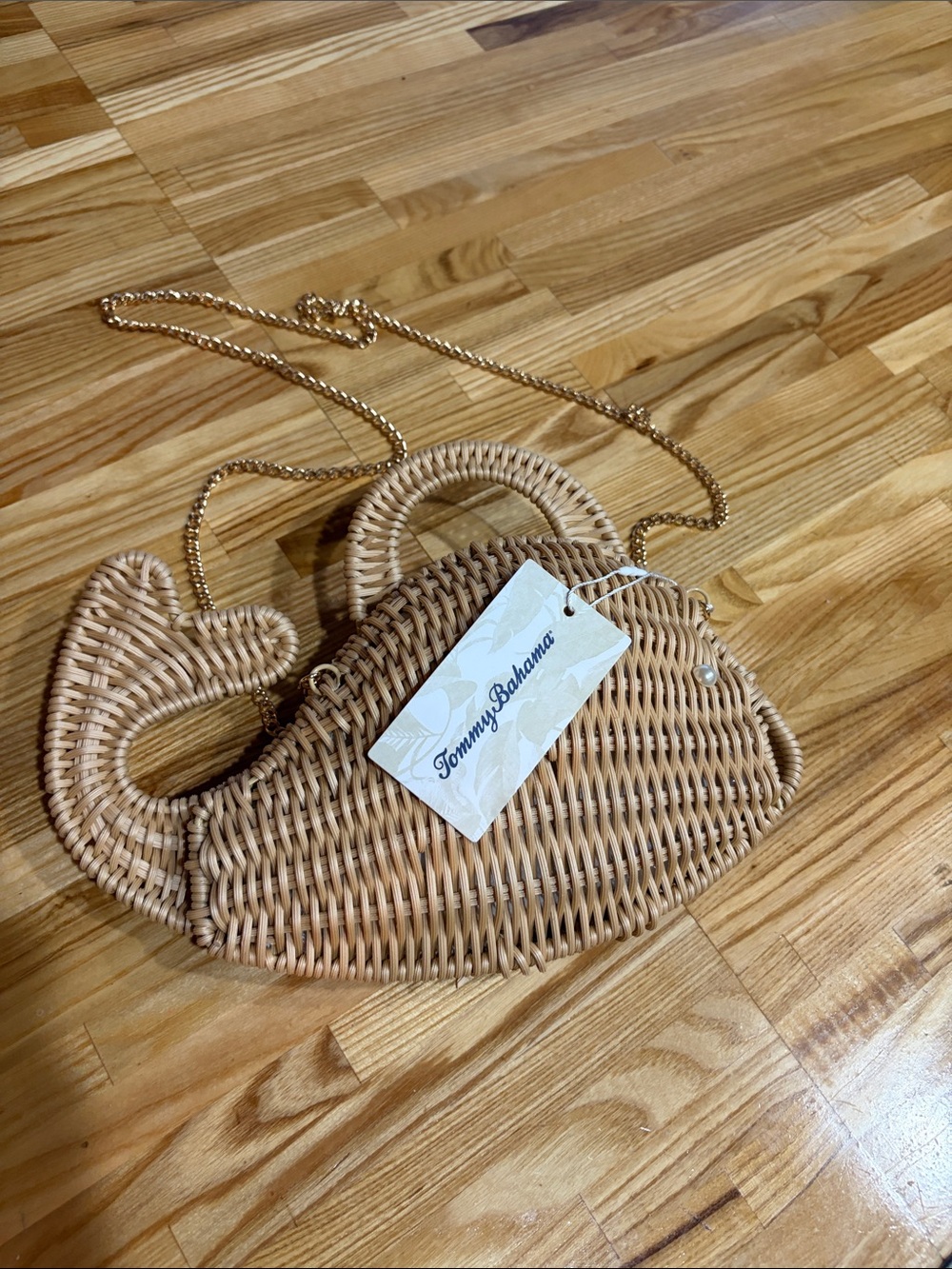 Tommy Bahama Tan Whale Woven Rattan Crossbody with Gold Chain